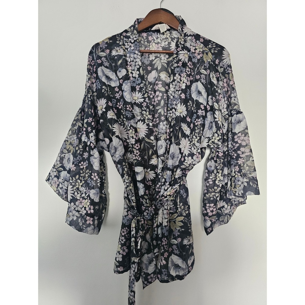 Boho LC Lauren Conrad Floral Robe Womens M Black Sheer Tiered Bell Sleeve Kimono